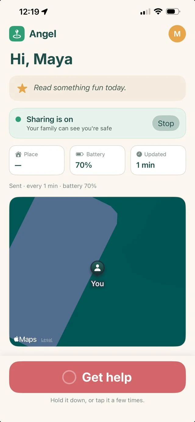The Angel app on a child's phone: sharing is on, battery and last update, and a Get help button