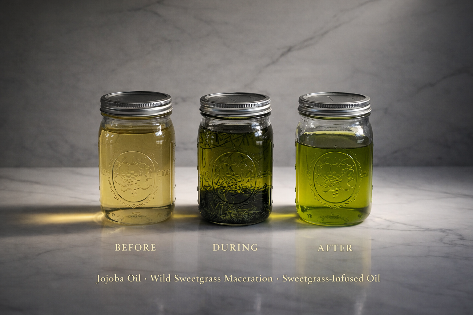 The maceration process — jojoba oil, wild sweetgrass, sweetgrass-infused oil