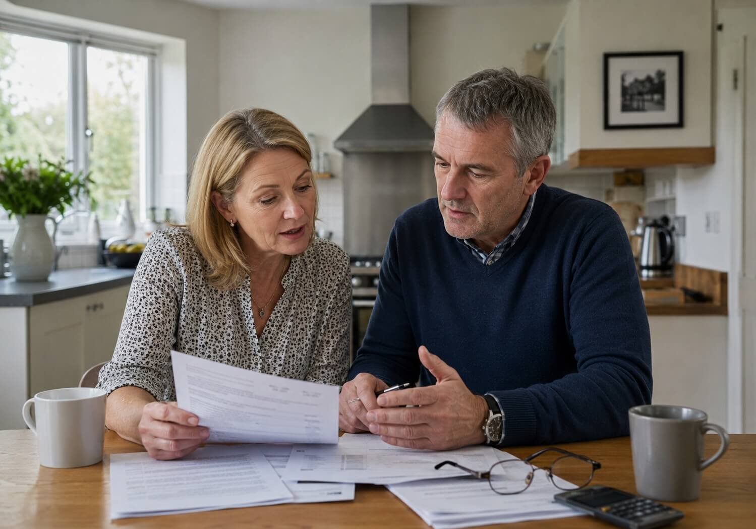A couple at their kitchen table reviewing heating costs and paperwork with a calculator.