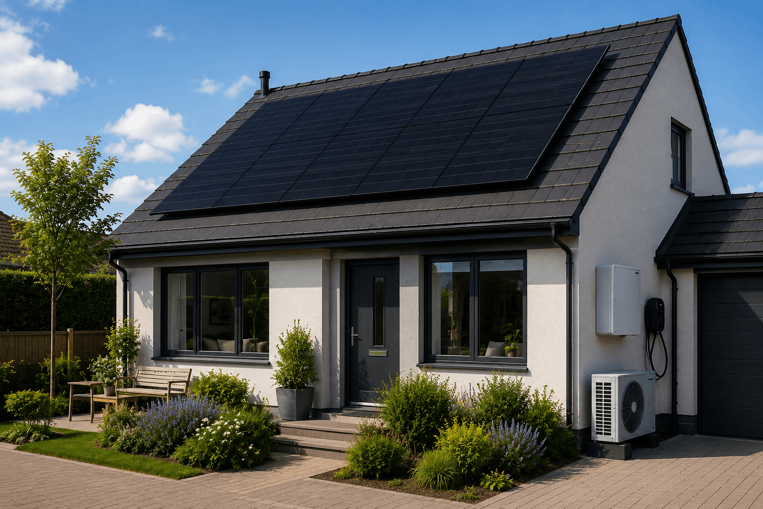 Solar panels installed on a UK home, helping supply electricity for household use and electric heating.