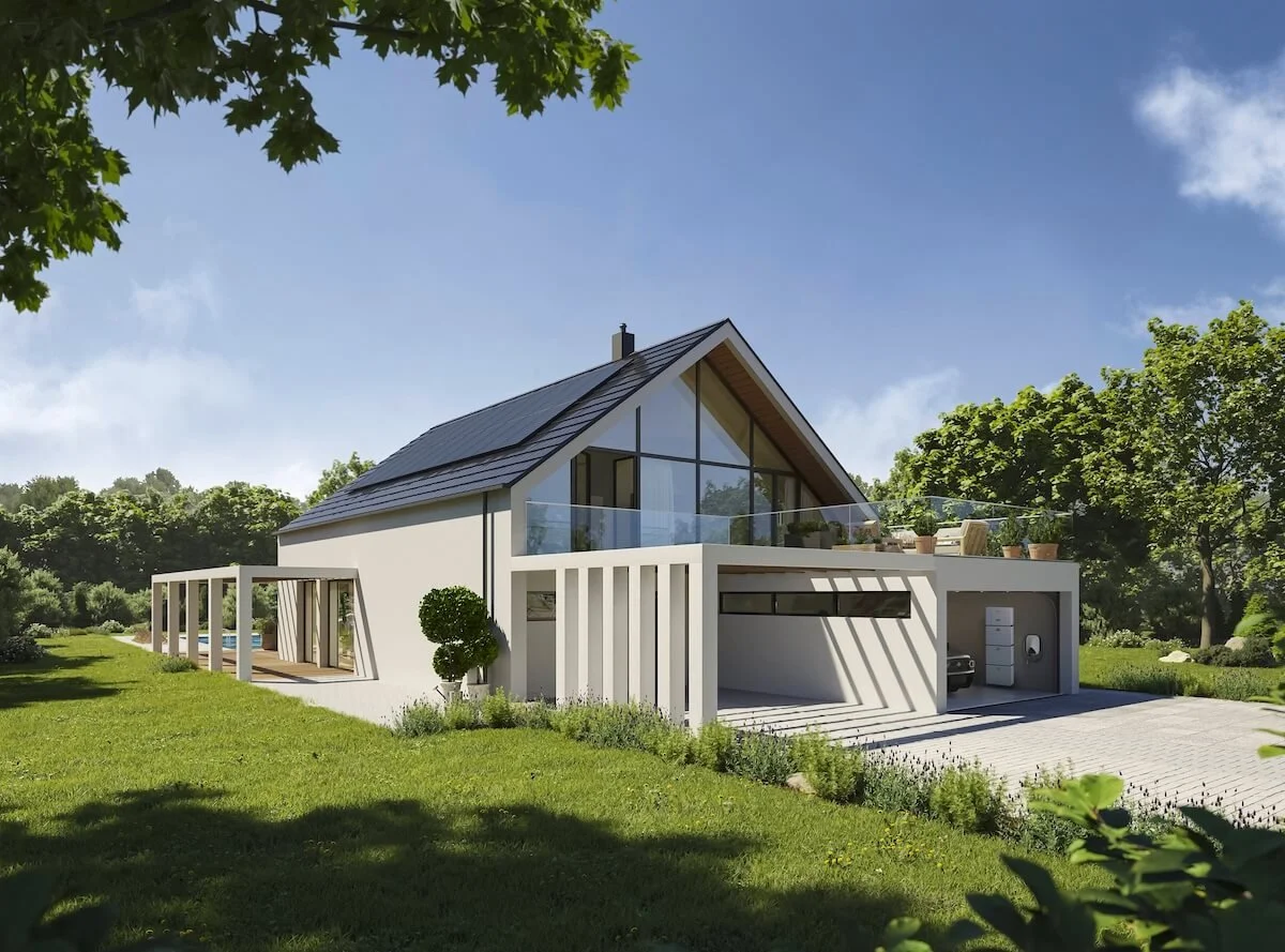 Home with SunPower M Class solar panels on the roof and battery storage in the garage