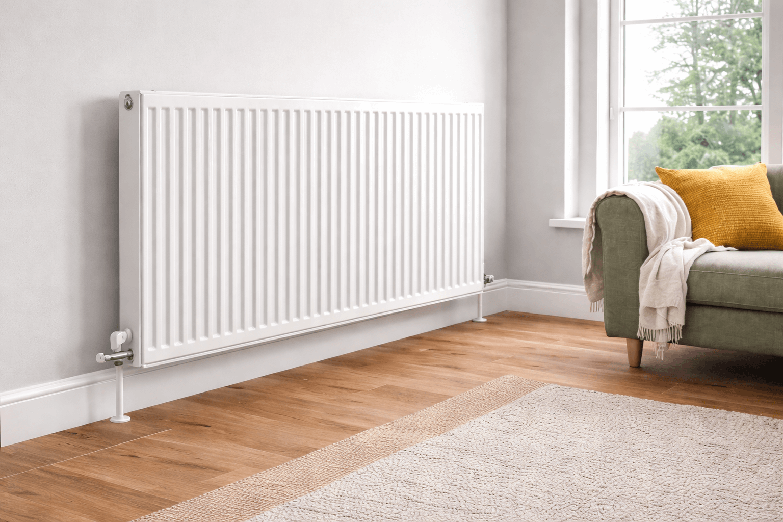 A modern living room with a larger radiator installed under a window, illustrating an emitter upgrade for low temperature heating.