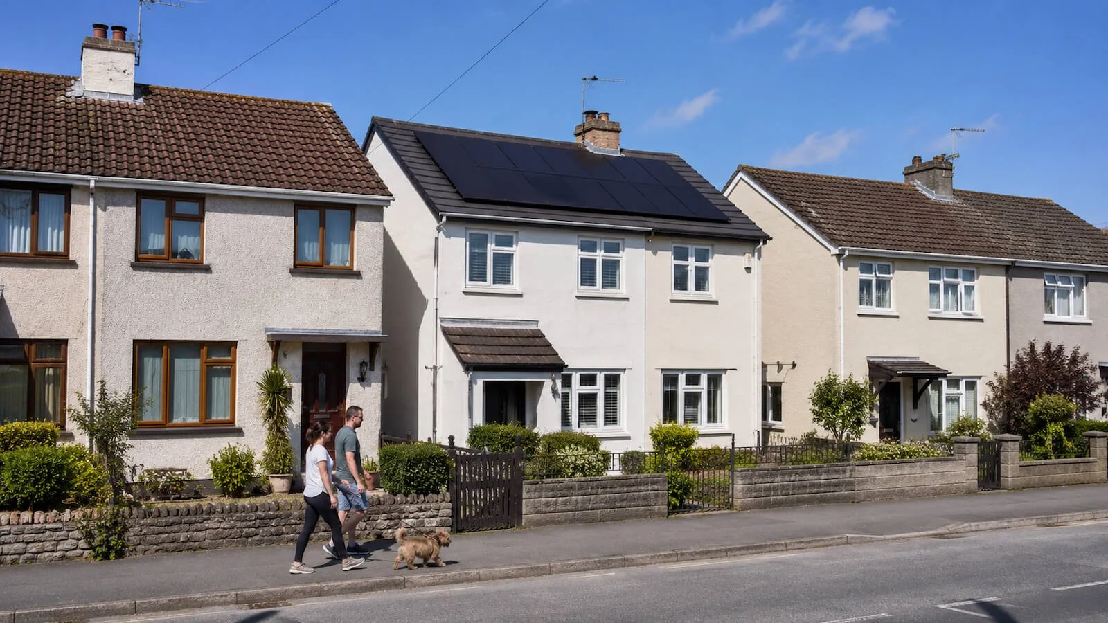 A residential street in Newton Abbot showing a home with rooftop solar panels, the kind of installation Simple Solar fits across south Devon.
