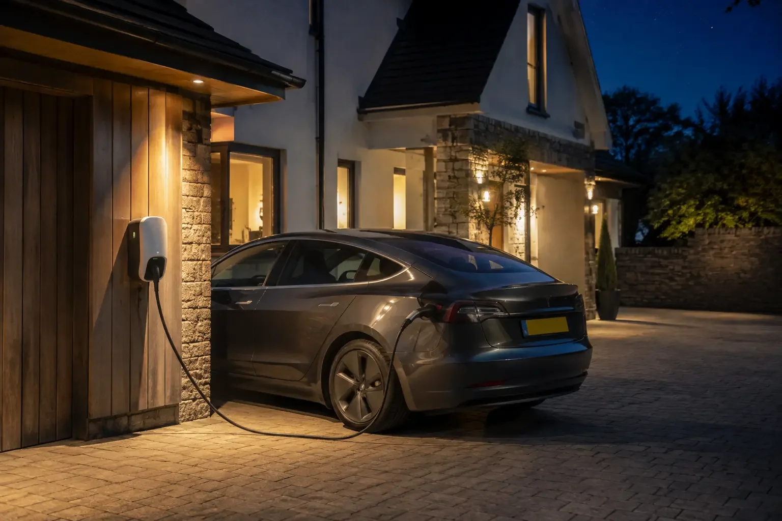Electric car plugged into a home EV charger overnight on a residential driveway.