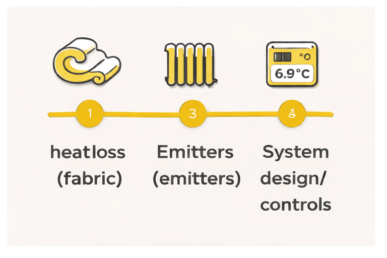 Simple diagram showing three pillars labelled Fabric, Emitters, and Design, summarising what decides heat pump success in older homes.