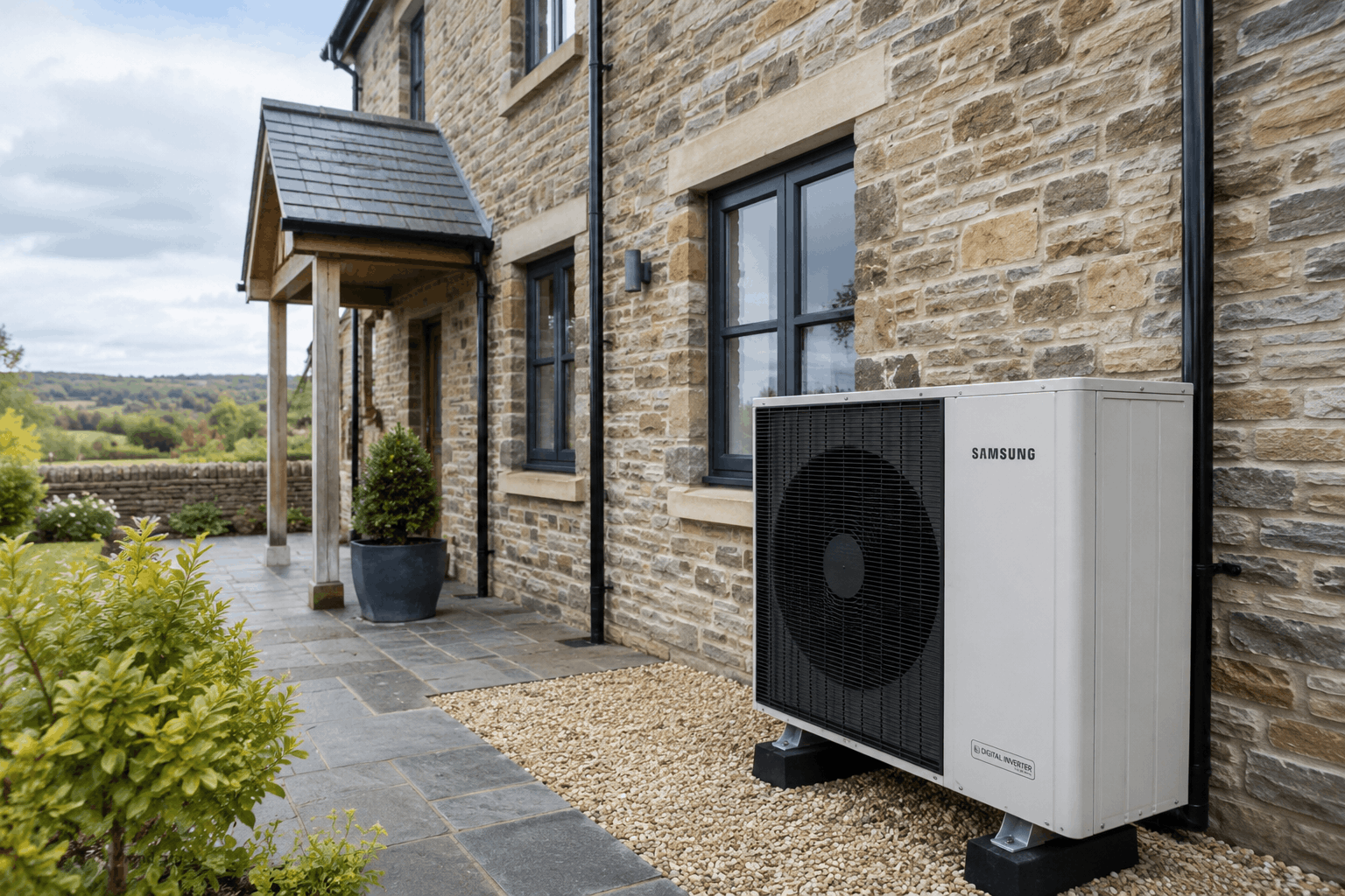 Air source heat pump installed beside a countryside home near Ivybridge, showing renewable heating for rural Devon properties.