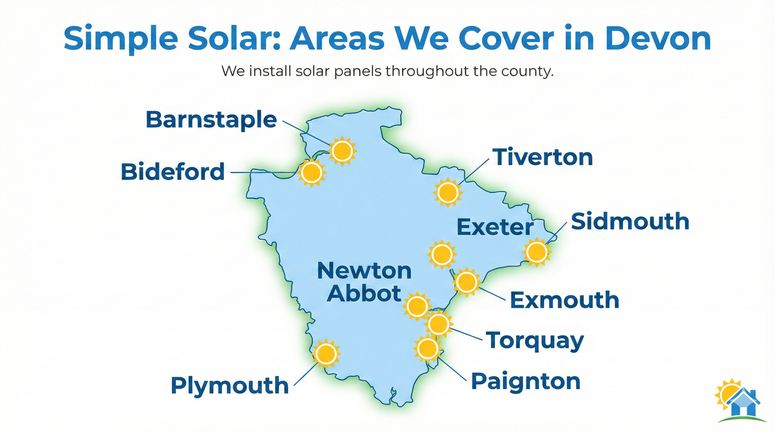 Infographic map showing Simple Solar install solar panel areas in all the towns and cities in Devon, including
Plymouth, Exeter, Torquay, Paignton, Newton Abbot, Barnstaple, Exmouth, Tiverton, Bideford, and Sidmouth.