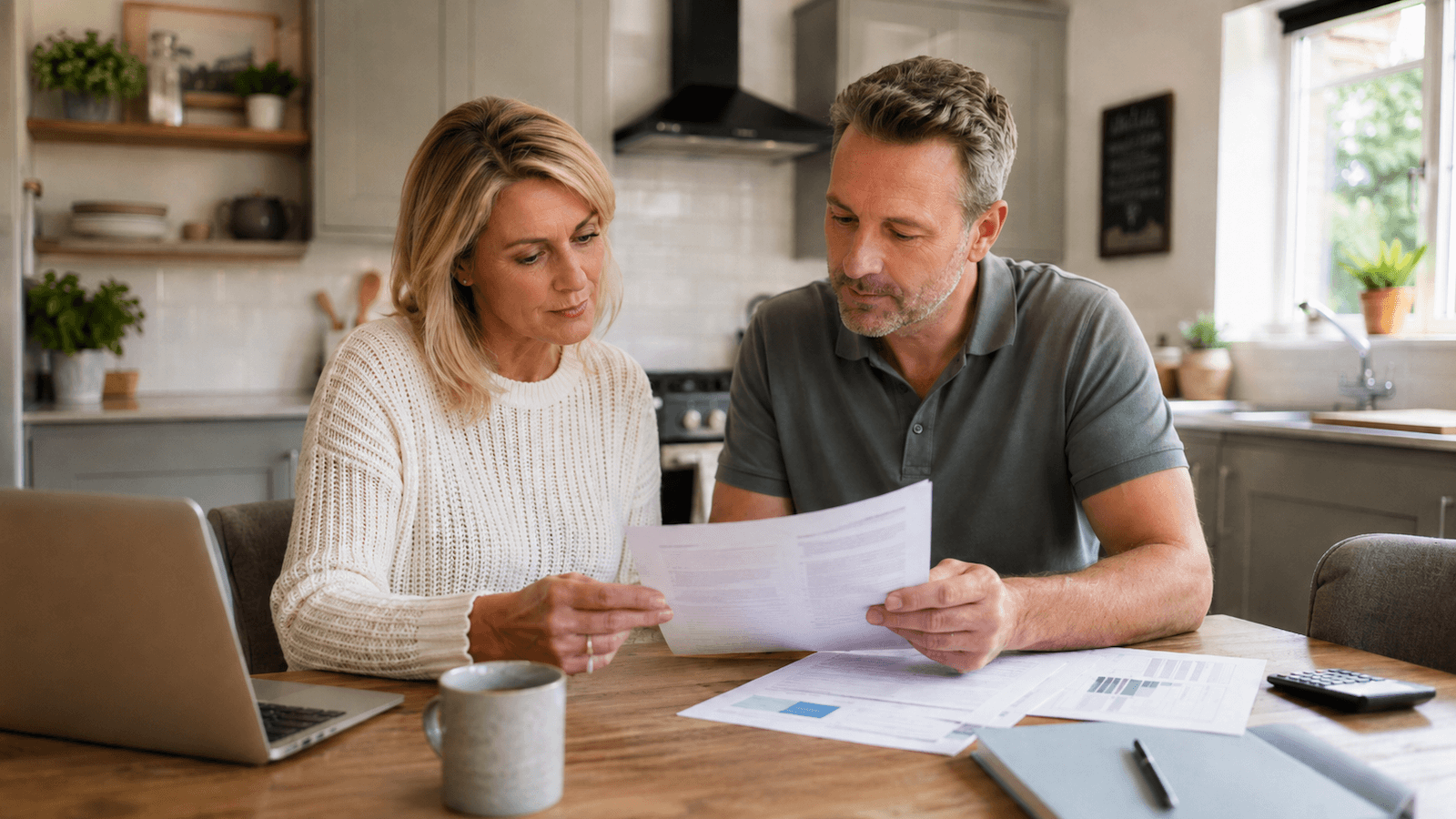 A UK couple at their kitchen table reviewing a quote for a combined heat pump and solar panel installation, alongside a laptop and calculator.