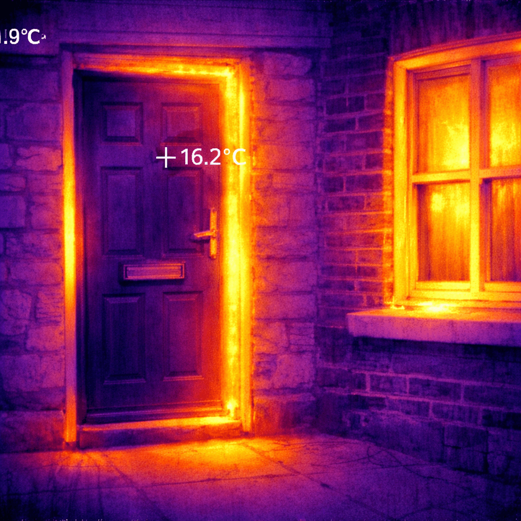 Thermal camera image showing heat loss around a front door in an older UK home, highlighting draughts and poor seals.