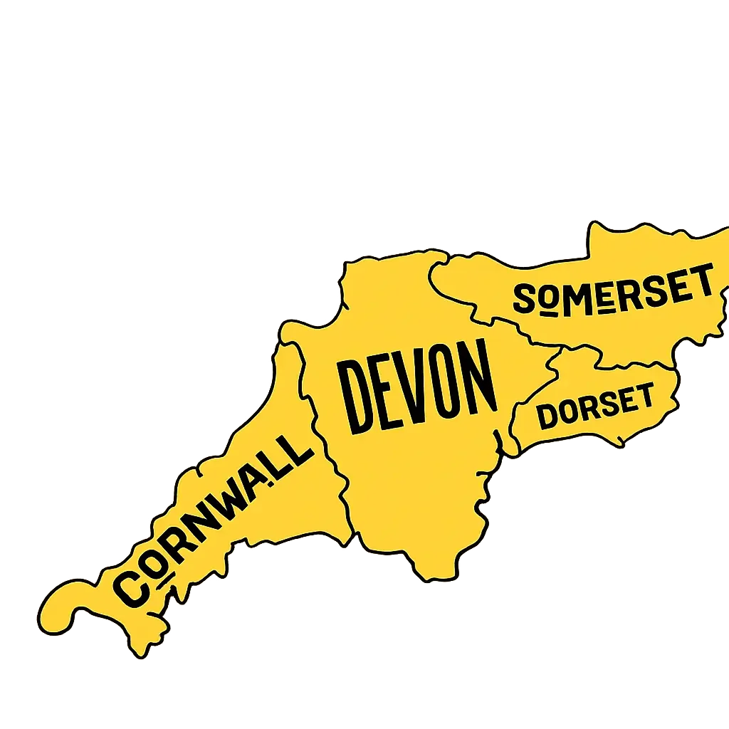 Service area map showing Cornwall, Devon and Somerset.