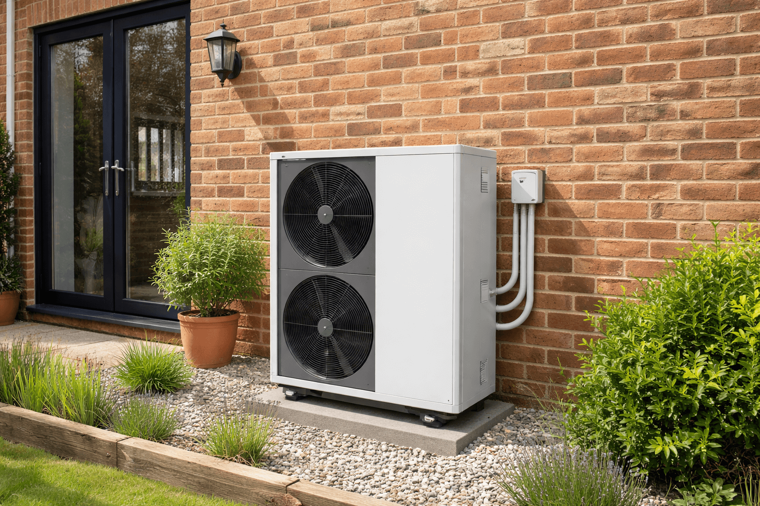 Illustration of air source heat pump guidance for Devon homeowners.