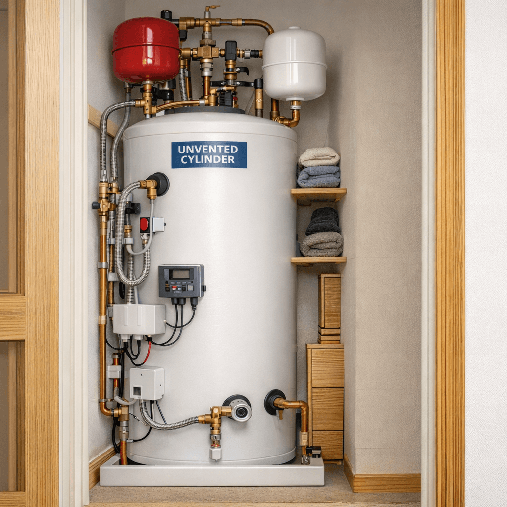 Modern UK-style hot water cylinder in a tidy airing cupboard with neatly routed pipework and valves, typical of an air source heat pump installation.