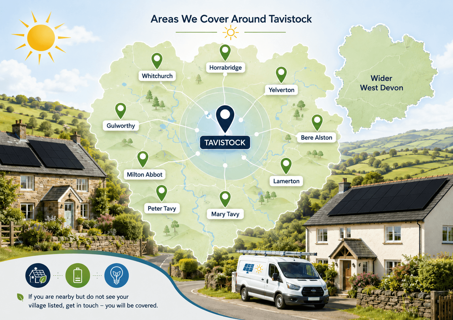 Map of the areas Simple Solar covers around Tavistock, including Whitchurch, Horrabridge, Yelverton, Bere Alston, Lamerton, Mary Tavy, Peter Tavy, Milton Abbot and Gulworthy