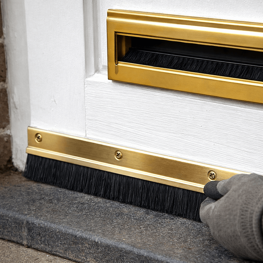 Close-up of draught-proofing on a UK front door, showing a door brush seal and perimeter sealing to reduce cold drafts.