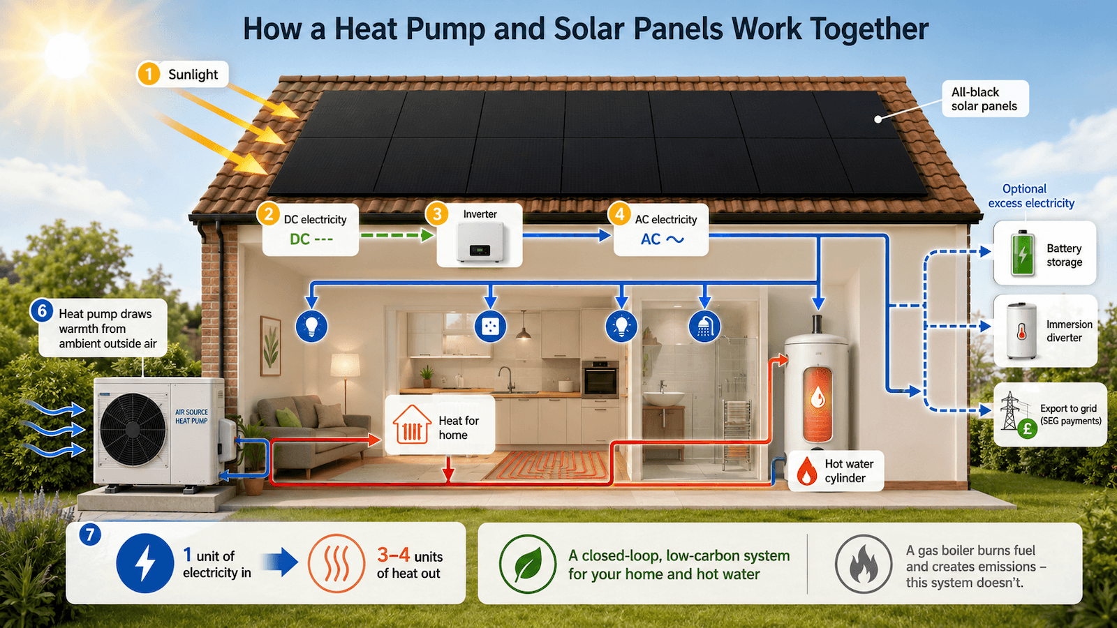 Diagram showing how a heat pump and solar panels work together in a UK home: sunlight to solar PV panels, DC to AC inverter, electricity to the home and air source heat pump, with optional battery storage, immersion diverter and SEG export.