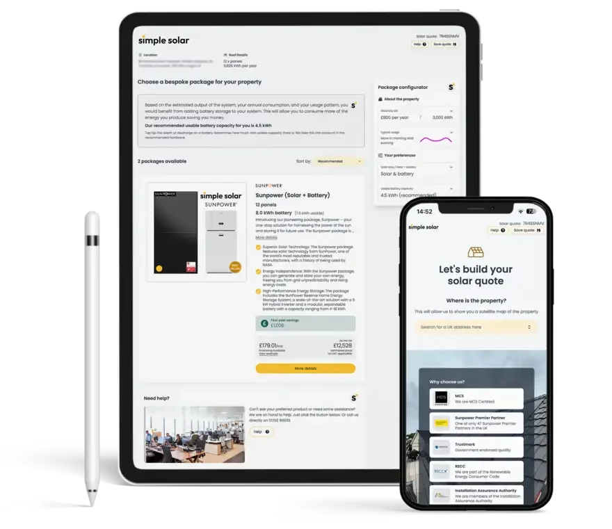 Simple Solar quote builder shown on an iPad and iPhone.