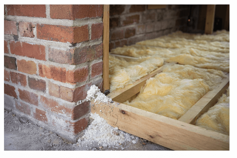 Insulation being installed in a UK home (underfloor insulation between joists or cavity wall insulation), reducing heat loss in older properties.