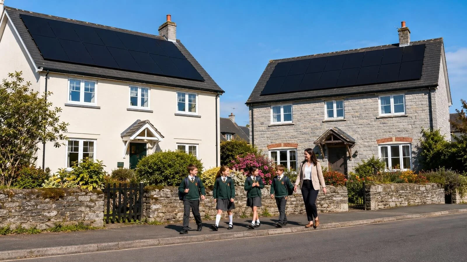 Solar panels installed on the roofs of two neighbouring family homes on a sunny residential street in Tavistock