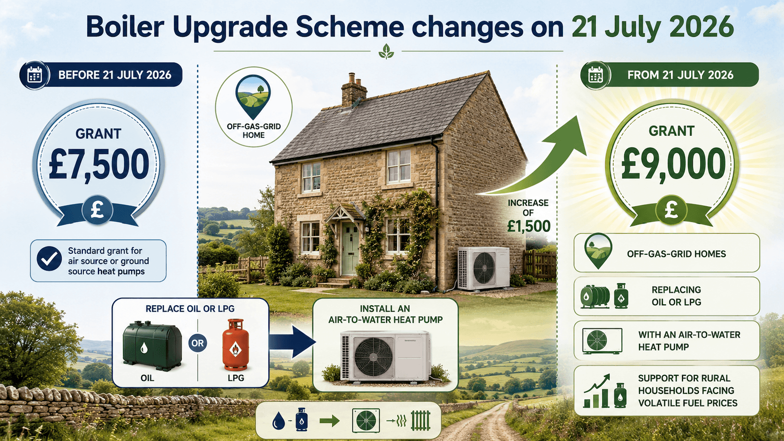 Infographic showing the Boiler Upgrade Scheme grant rising from £7,500 to £9,000 for off-gas-grid homes replacing oil or LPG with an air-to-water heat pump from 21 July 2026