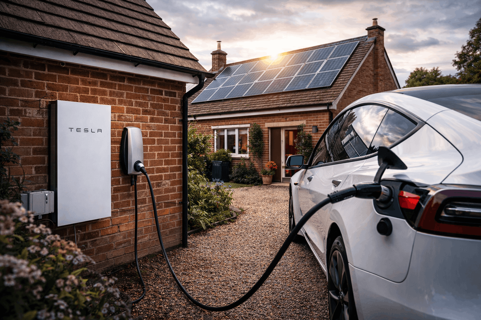 Electric car charging at a UK home with rooftop solar panels and home battery storage, showing a medium-term step towards lower transport and energy costs.