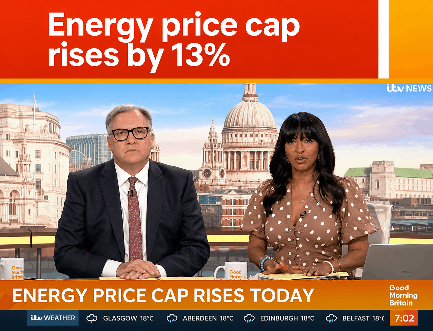 A UK home with a calculator, energy bill, light bulb and rising cost chart representing the Ofgem energy price cap.