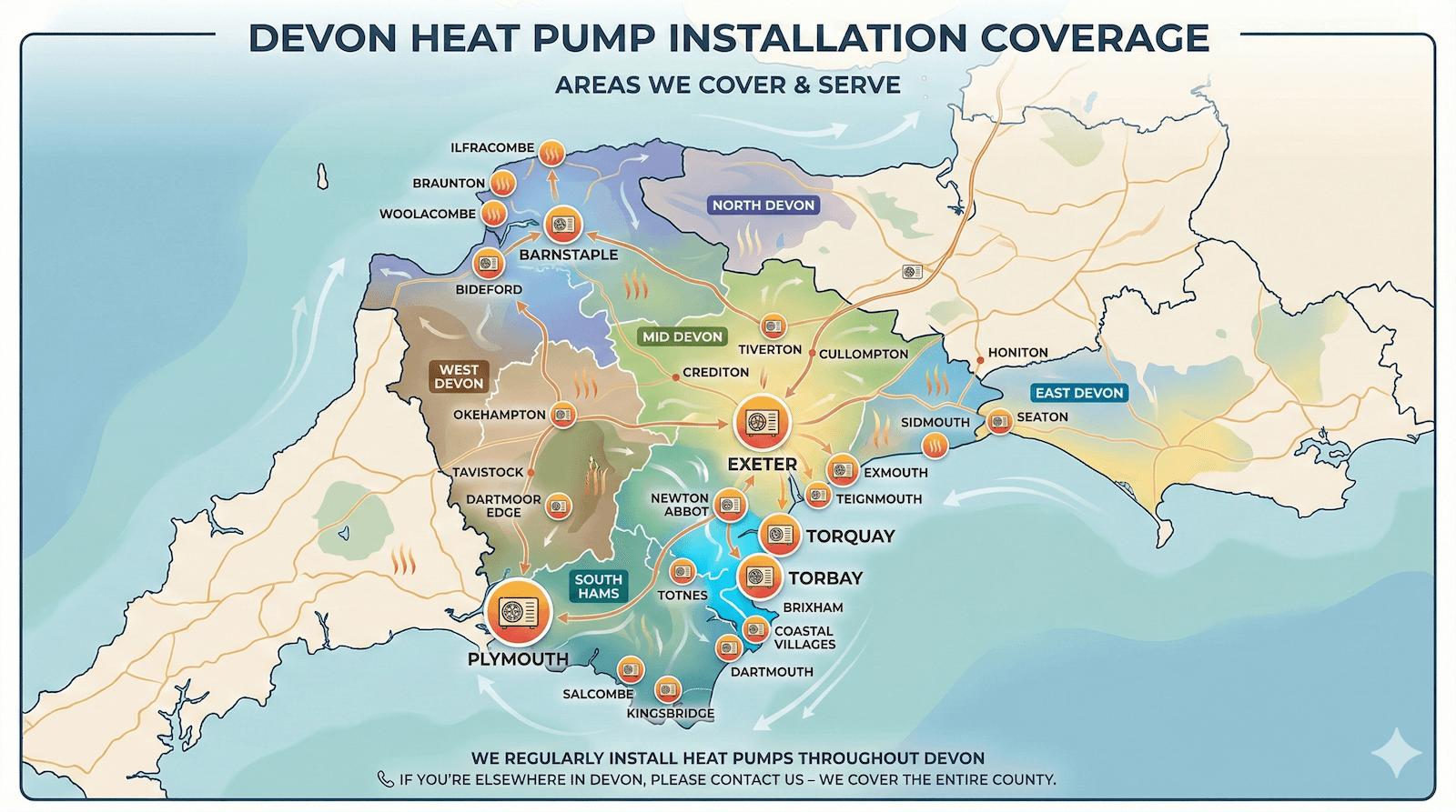 An infographic showing how Simple Solar installs heat pumps across Devon, including Plymouth, Exeter, Torquay, Paignton, Barnstaple, Exmouth, Newton Abbot, Tiverton, Teignmouth, and Bideford.