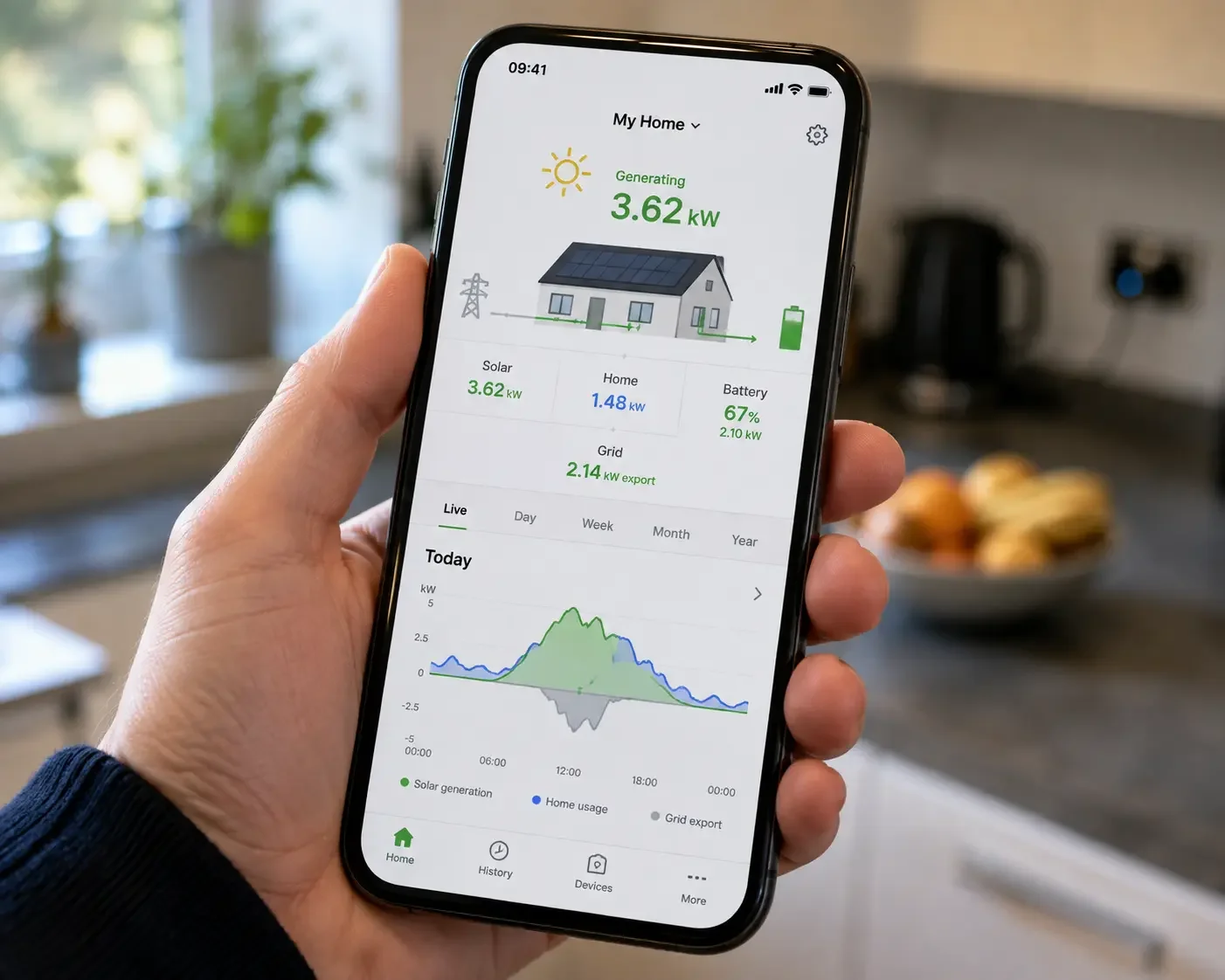 Phone showing a solar monitoring app with live solar generation, home electricity usage and battery storage.