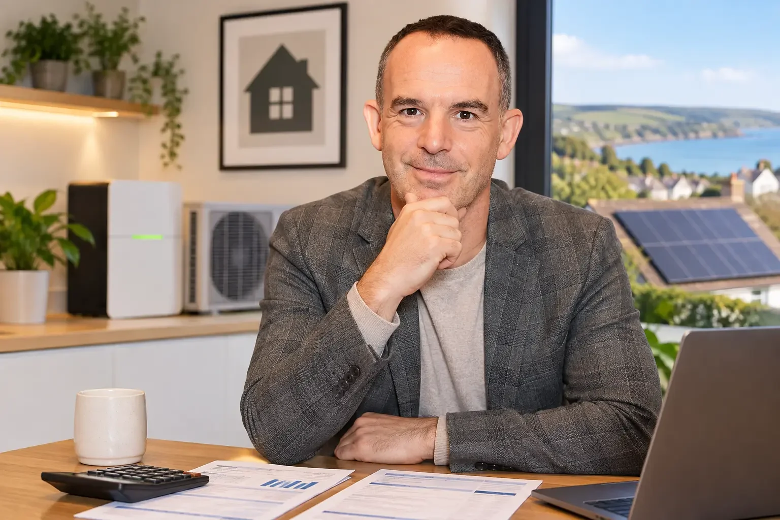 Martin Lewis discussing household energy costs, with solar panels and home energy technology in the background.