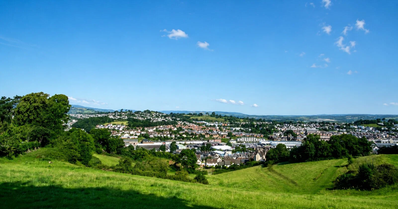 Panoramic view across Newton Abbot in south Devon, the town Simple Solar serves with residential solar panel installations.