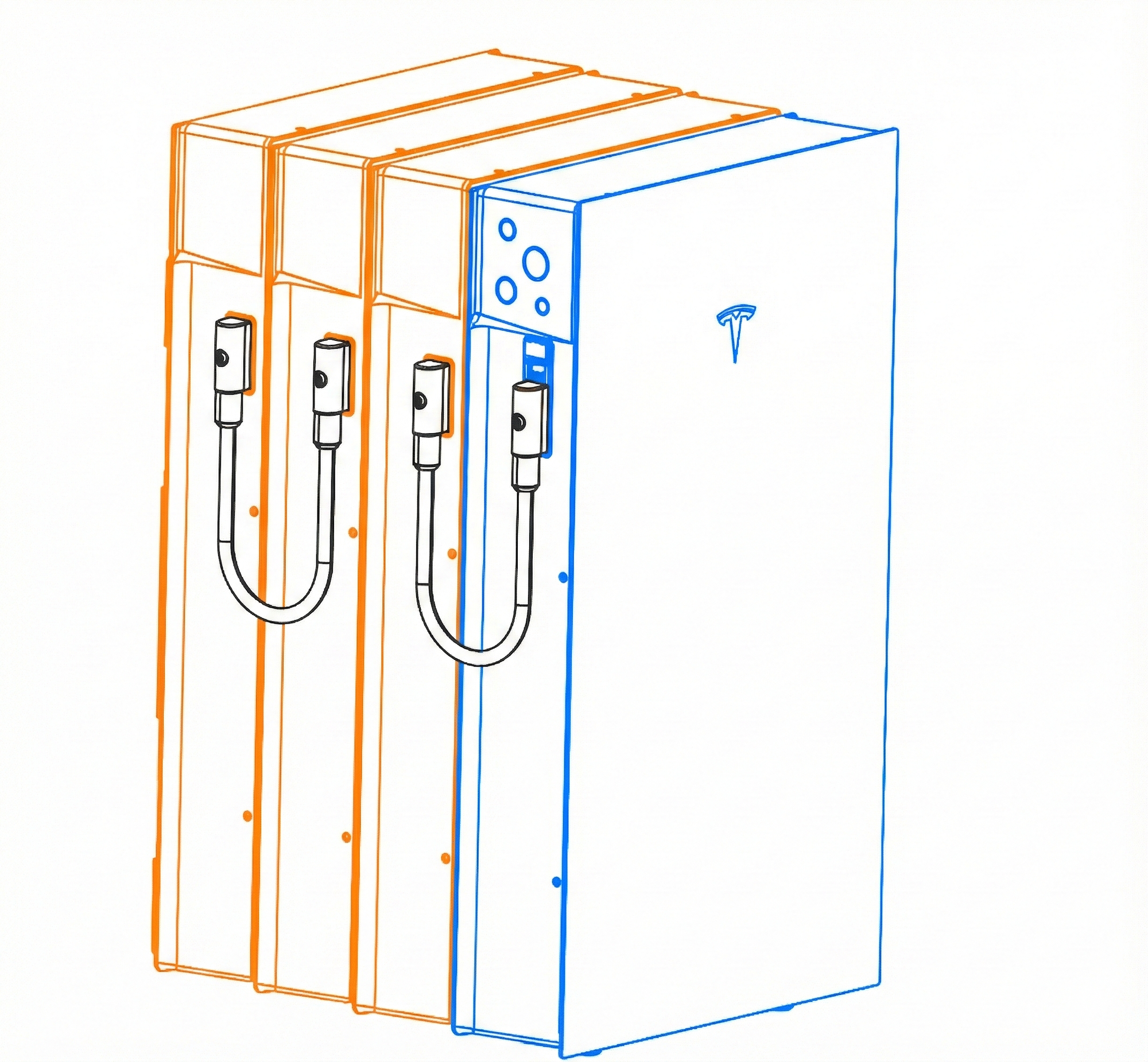 An official Tesla Energy image of a Powerwall 3
and three expansion packs, installed in a stacked
configuration.