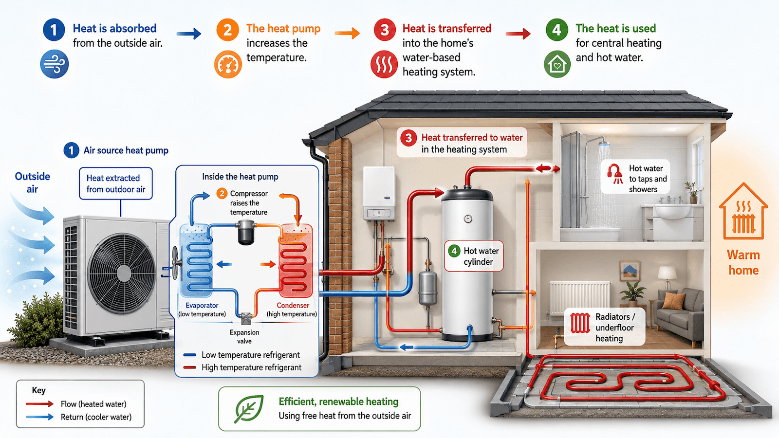 Diagram showing how an air source heat pump extracts heat from outside air and transfers it to a home’s central heating and hot water system.