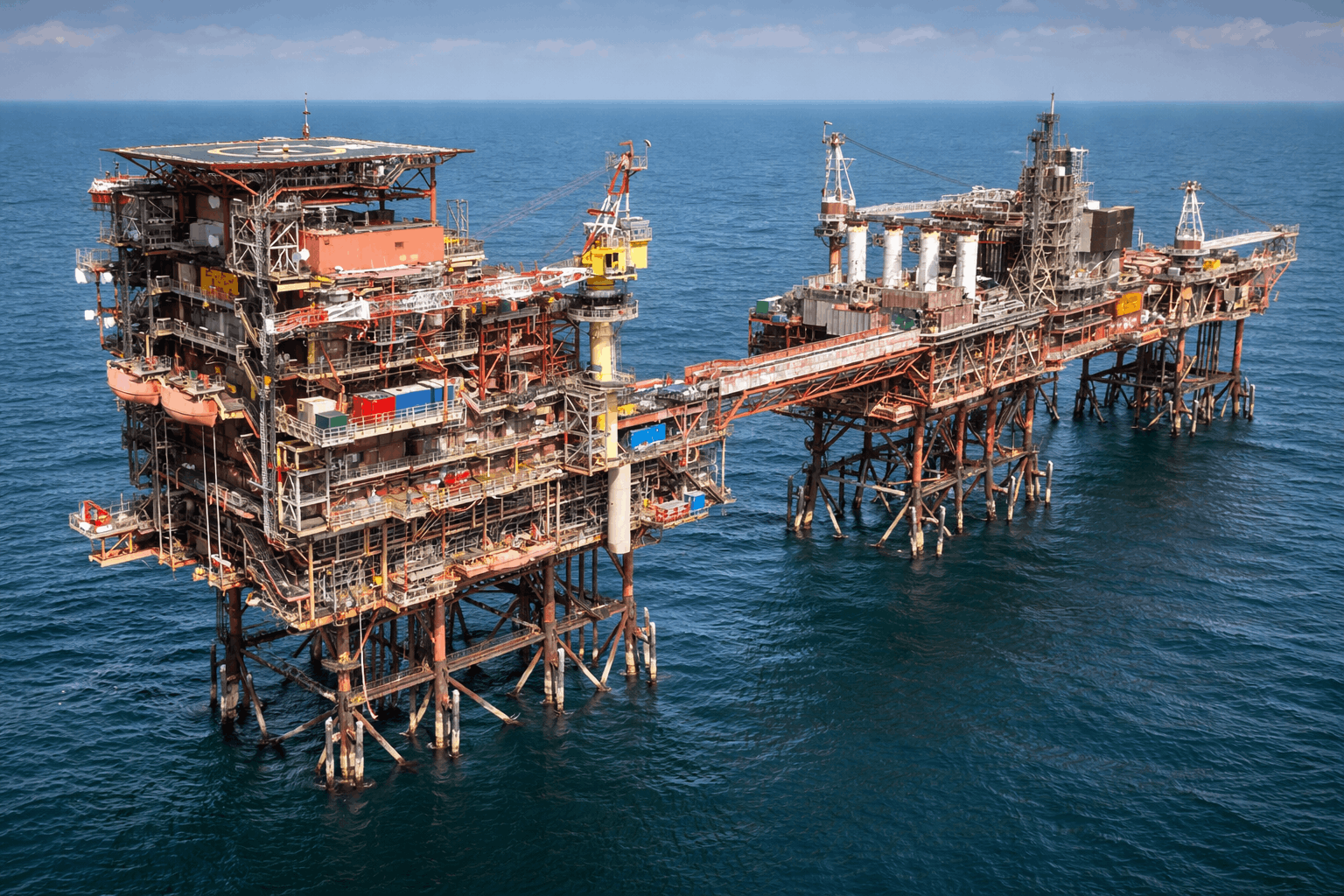 Two large offshore oil platforms connected by an elevated bridge above open sea, representing fossil fuel infrastructure and the UK’s exposure to global energy markets.