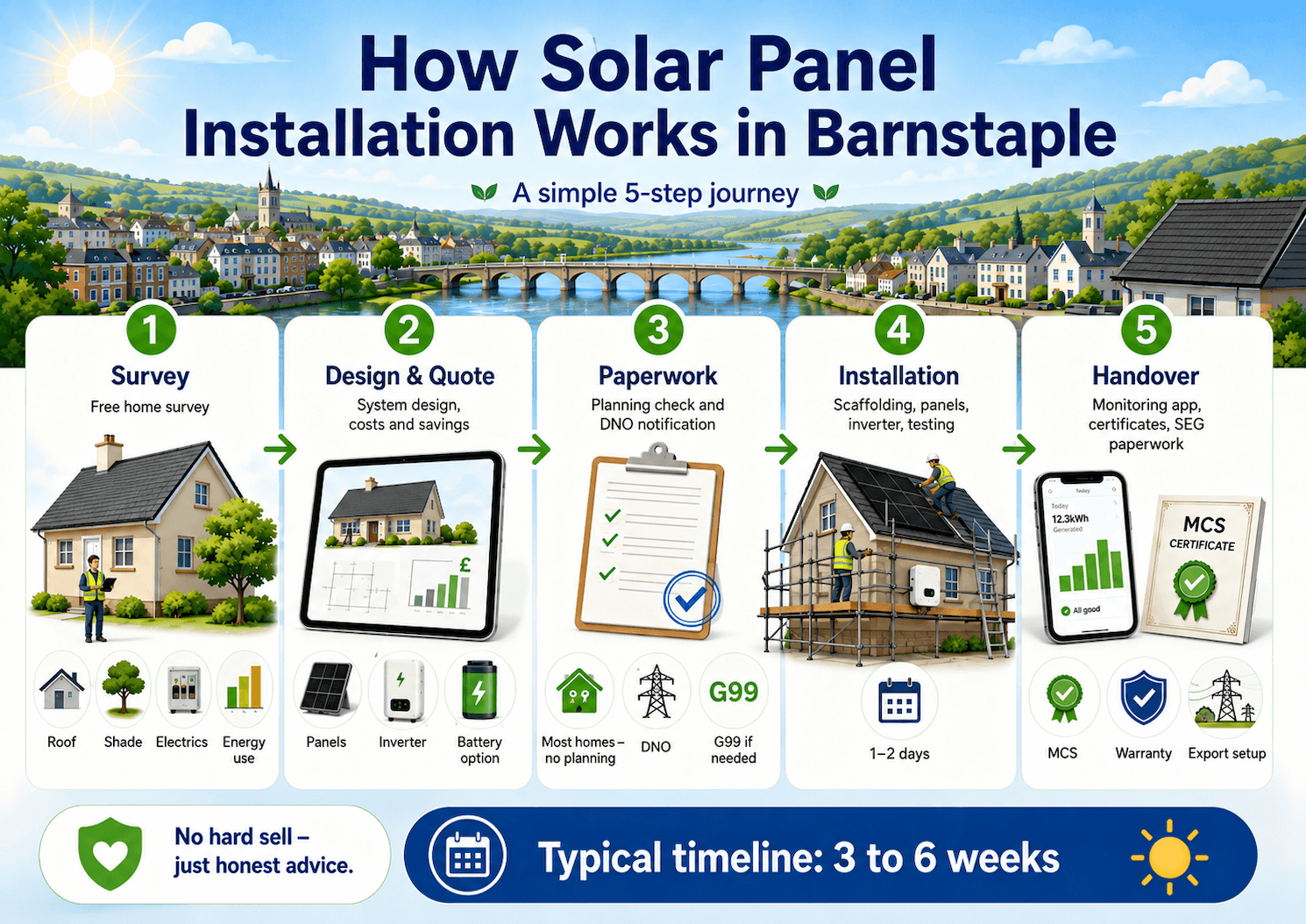 Infographic showing the five-step Simple Solar installation process in Barnstaple: survey, design and quote, paperwork, installation, and handover.