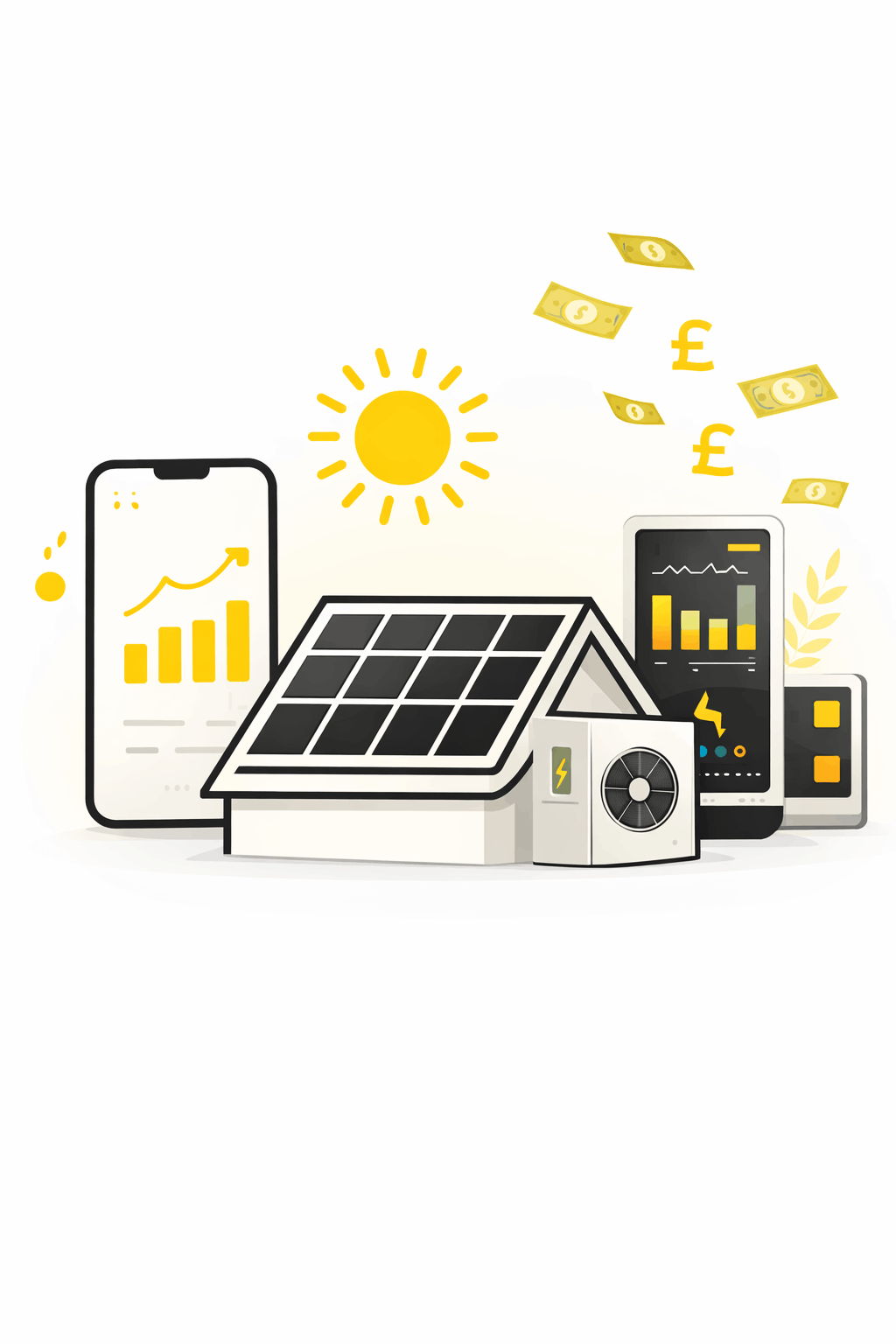 Portrait illustration of a solar-powered home with battery storage, heat pump, smart energy monitor and mobile app, with floating pound symbols to represent government support and financial incentives for home electrification.