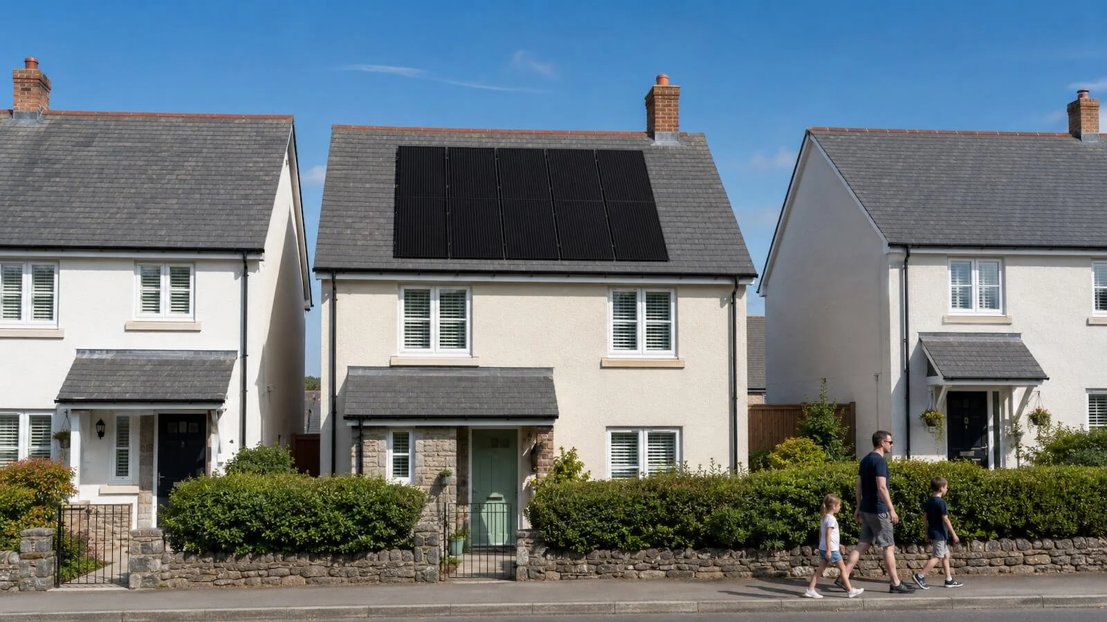 A residential street in Saltash showing a detached home with rooftop solar panels, representative of installations Simple Solar carries out across south-east Cornwall.