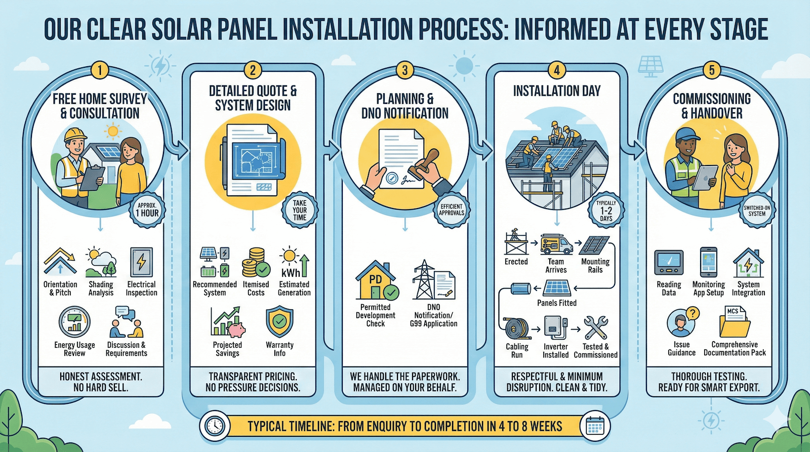 An infographic illustrating how Simple
Solar installs solar pa
nel systems in
Bournemouth from start to finish.