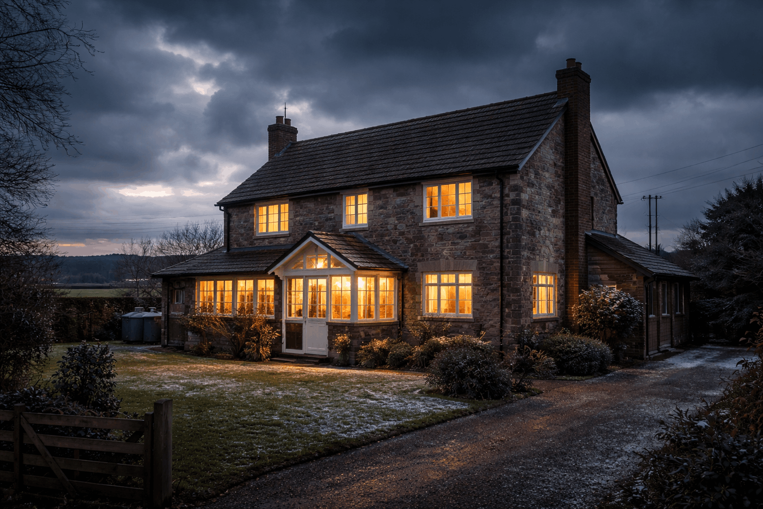 Traditional UK family home at dusk with warm lights glowing inside under a dark winter sky, representing household energy vulnerability and rising energy costs.