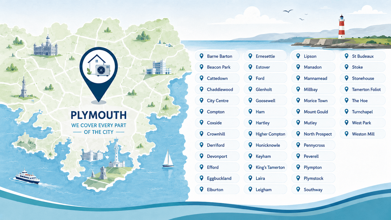 Infographic showing the Plymouth neighbourhoods covered by Simple Solar for air source heat pump installations.