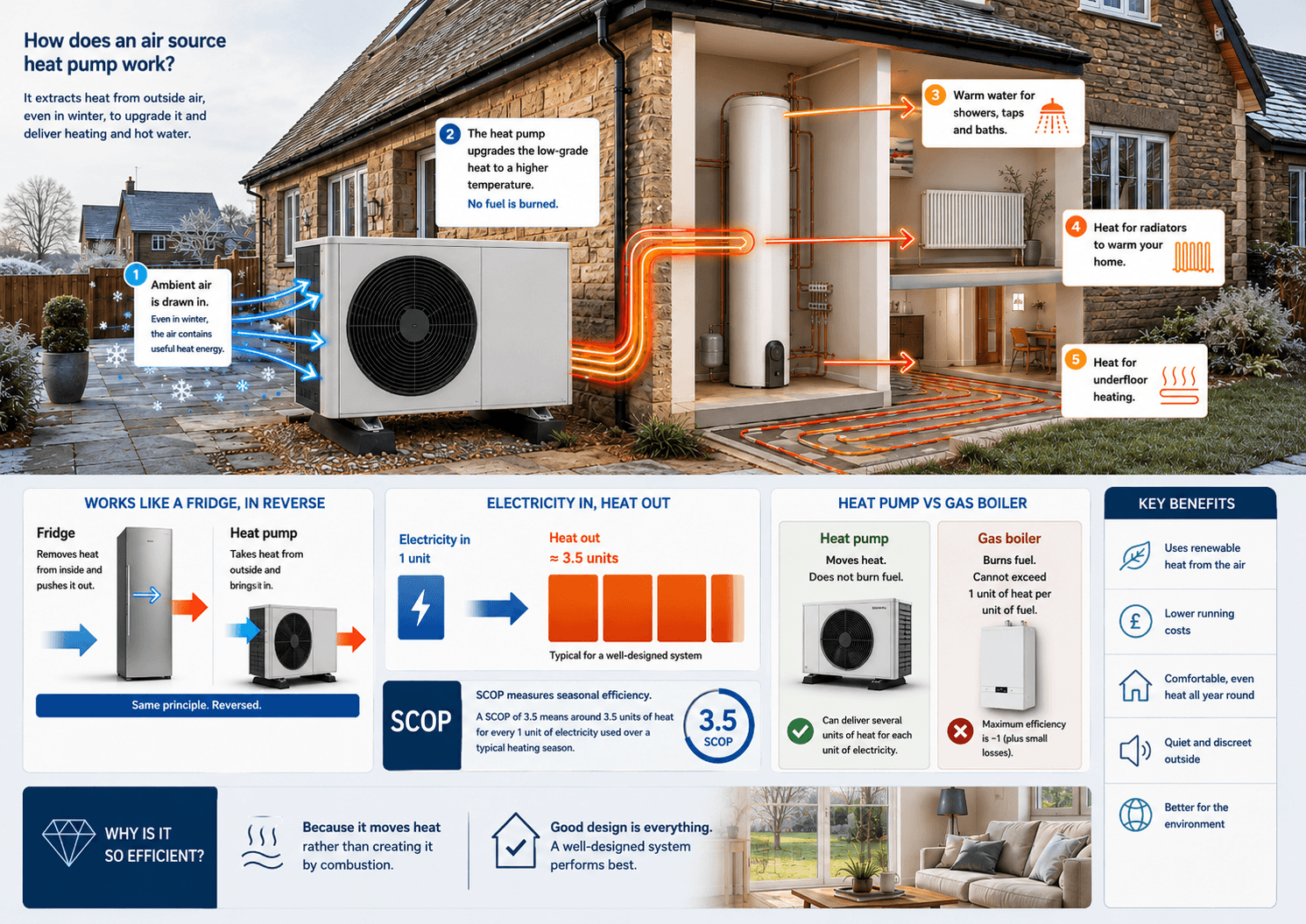 Infographic showing how an air source heat pump extracts heat from outside air to provide hot water, radiators, and underfloor heating, with a SCOP of around 3.5.