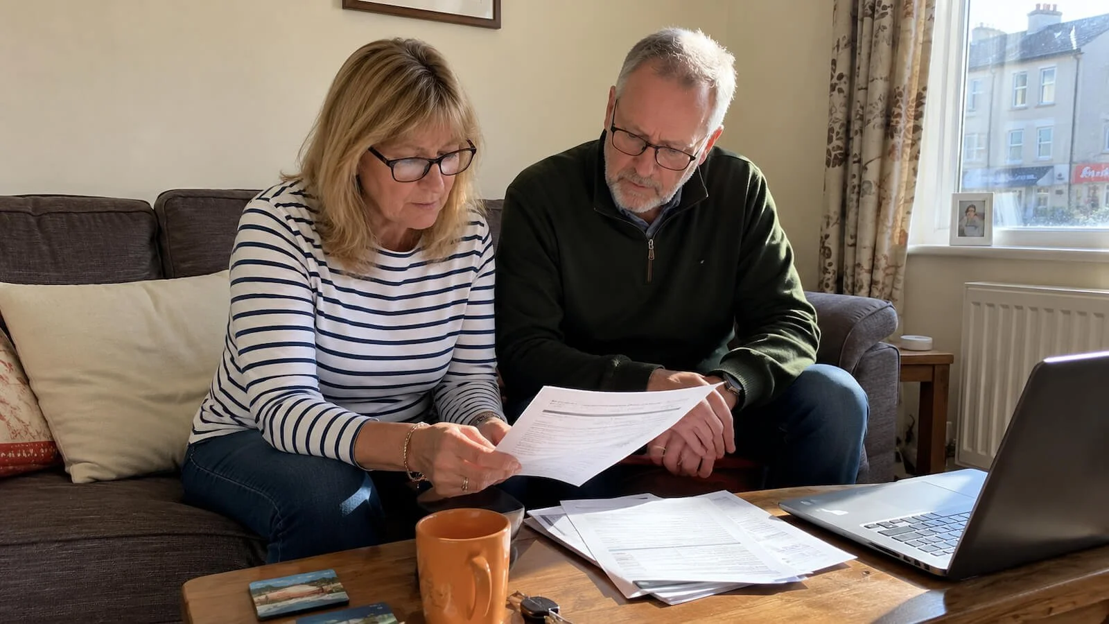 A Saltash couple at home reviewing a written solar panel installation quote from Simple Solar.