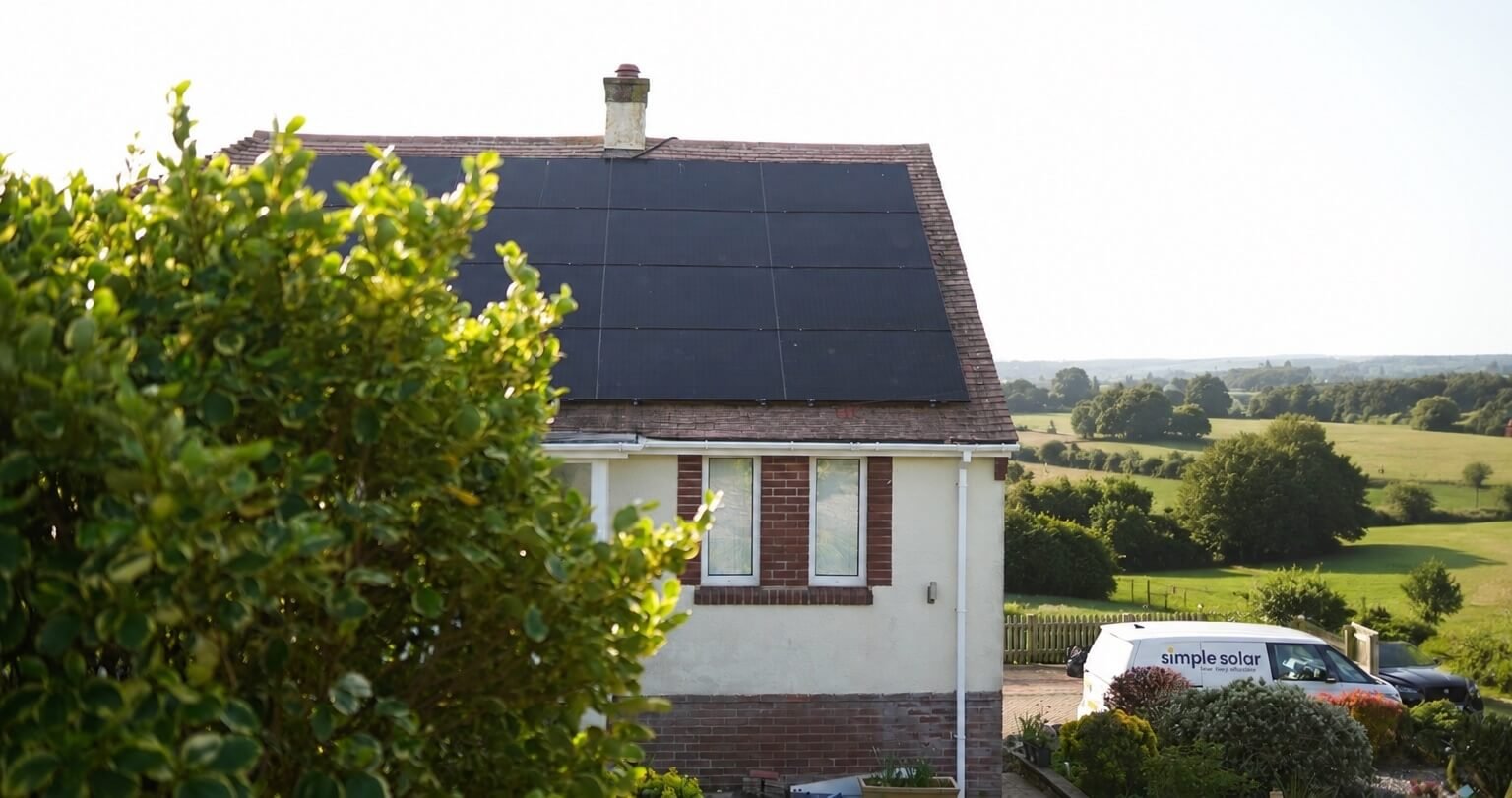 Ideal Heating air-to-water heat pump installed against the stone wall of a rural off-grid property
