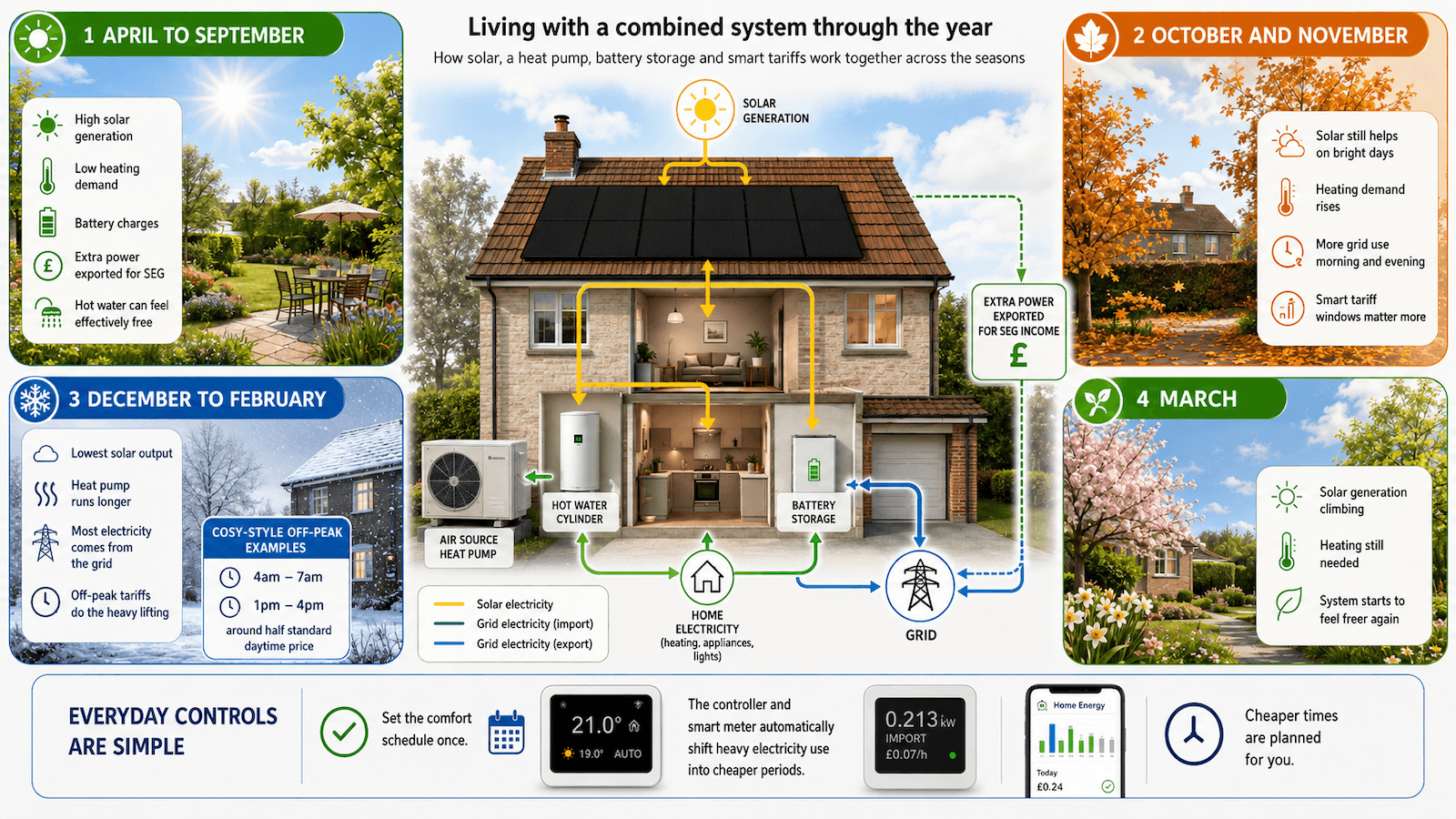 Infographic showing how a UK home's solar panels, air source heat pump, battery storage and smart tariff perform across the four seasons of the year, from high-generation summer through to low-generation winter.