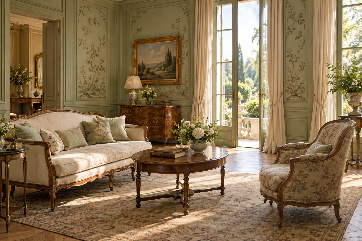 Illustrative celadon garden salon with antique furnishings, botanical wall panels and soft daylight
