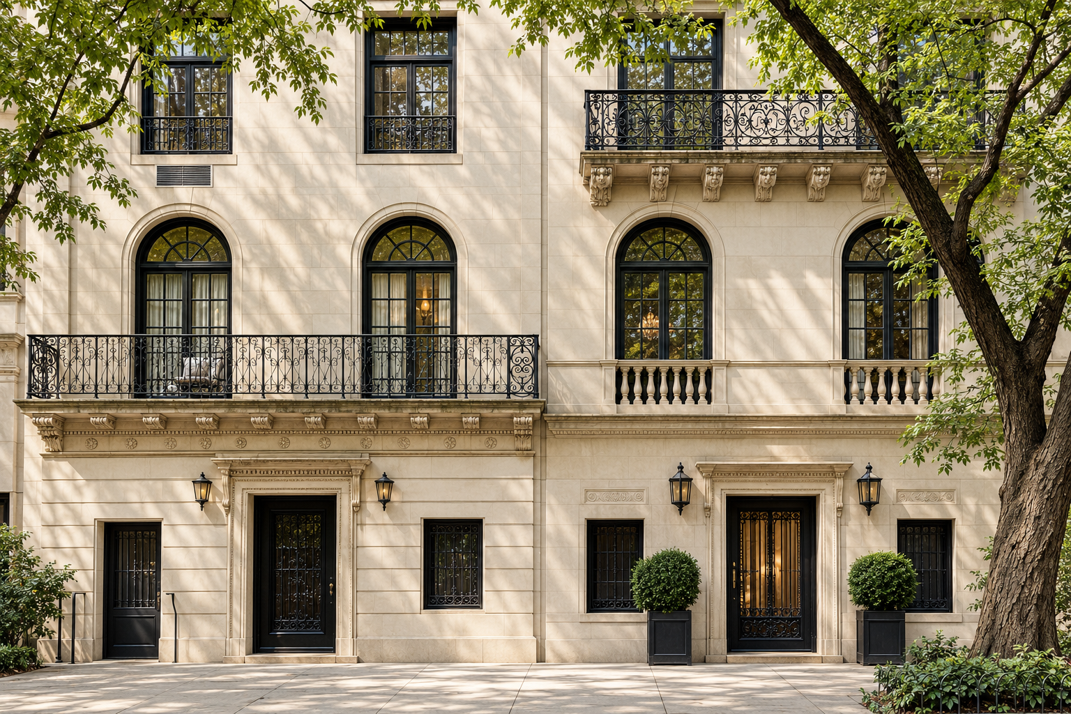 Illustrative Manhattan architectural study with pale limestone, arched windows, wrought-iron balconies and soft foliage