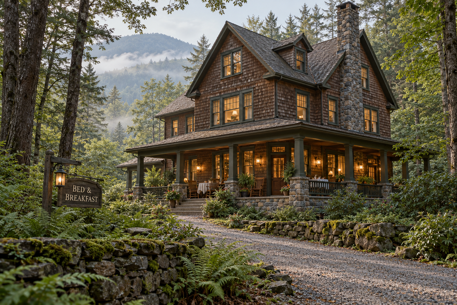 AI architectural illustration of a cedar-shingled bed and breakfast in a forested Catskill Mountains setting