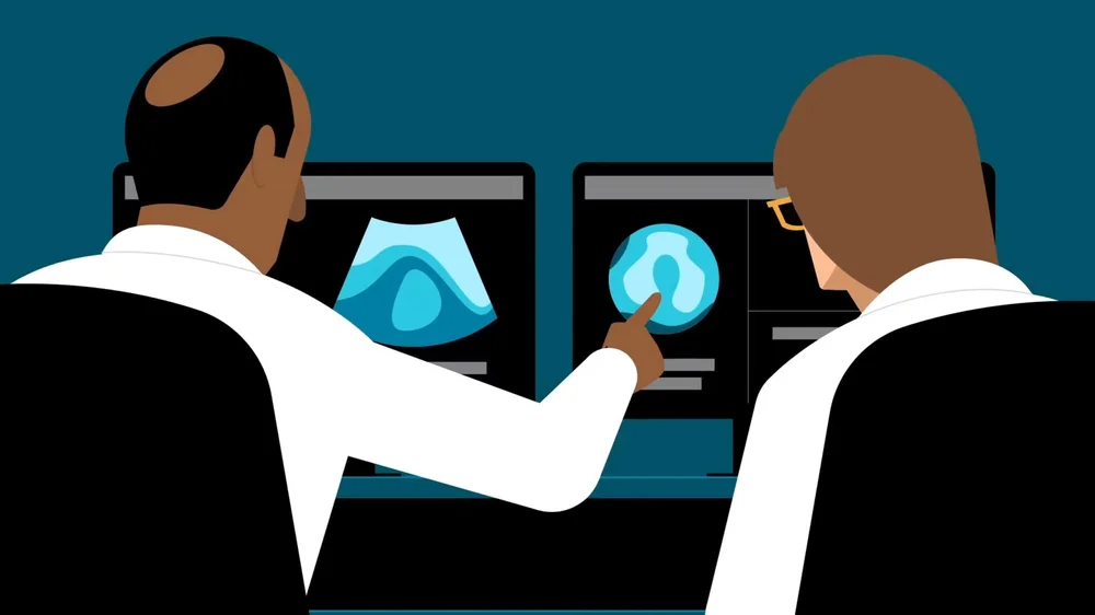 Animated physicians reviewing diagnostic imaging scans as part of a Mass General Brigham patient exam video series.