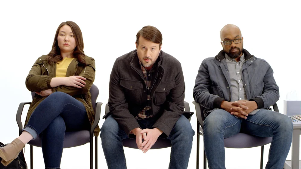 PillPack TV Commercial Video three customers sit in chairs waiting on white stuio backdrop