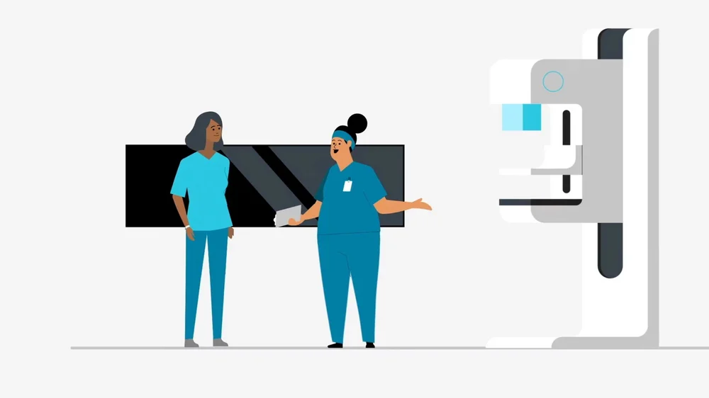 Animated healthcare providers standing beside a mammography machine explaining a breast exam procedure to a patient.