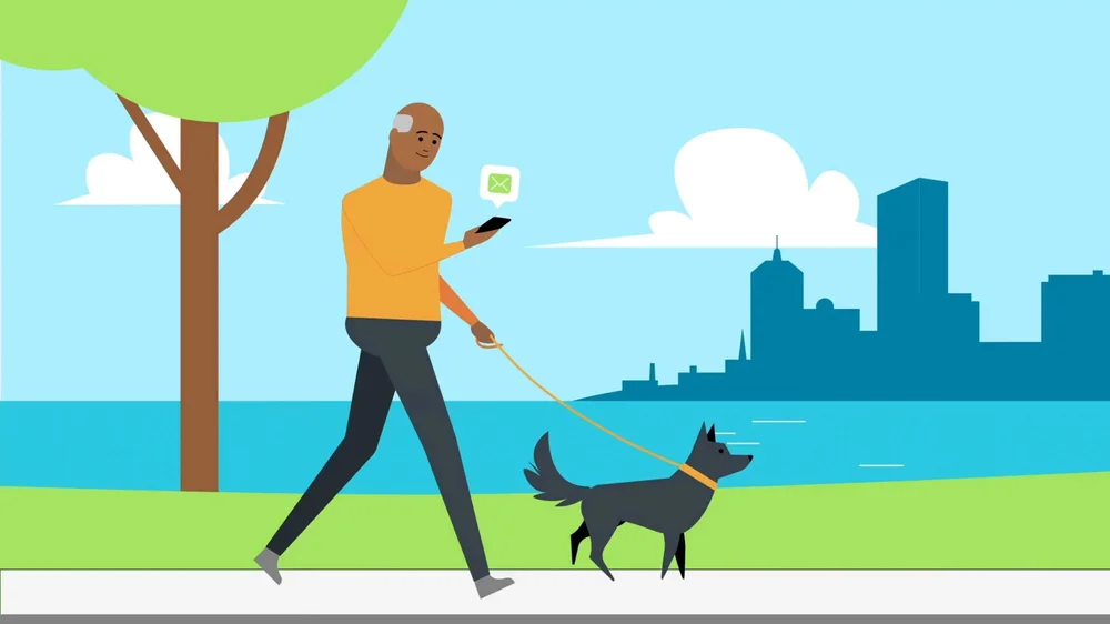 An animated frame of a man walking down the sidewalk walking his dog as he receives an exam notification on his phone