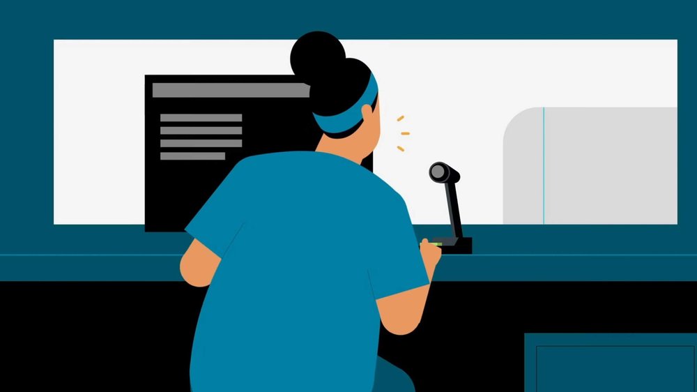 Animated CT technologist operating a lung screening scanner in a medical imaging room at Mass General Brigham Hospital